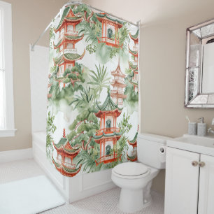 Watercolor Asian Pagoda in Verdant Landscape (3) Shower Curtain