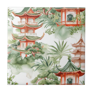 Watercolor Asian Pagoda in Verdant Landscape (3) Tile
