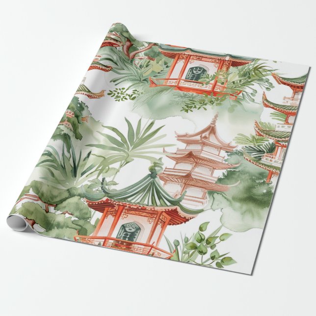 Watercolor Asian Pagoda in Verdant Landscape (3) Wrapping Paper (Unrolled)
