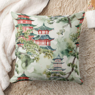 Watercolor Asian Pagoda in Verdant Landscape (4) Cushion