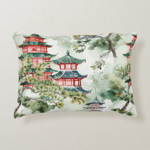 Watercolor Asian Pagoda in Verdant Landscape (4) Decorative Cushion