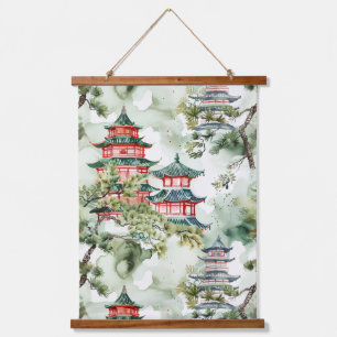 Watercolor Asian Pagoda in Verdant Landscape (4) Hanging Tapestry