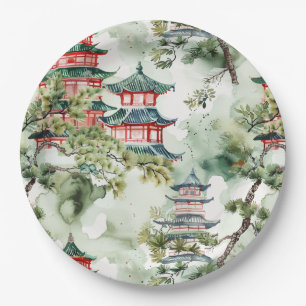 Watercolor Asian Pagoda in Verdant Landscape (4) Paper Plate