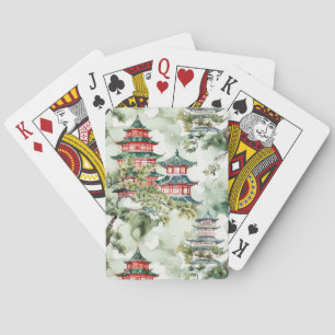 Watercolor Asian Pagoda in Verdant Landscape (4) Playing Cards