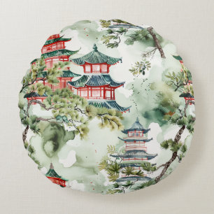 Watercolor Asian Pagoda in Verdant Landscape (4) Round Cushion