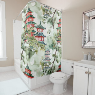 Watercolor Asian Pagoda in Verdant Landscape (4) Shower Curtain