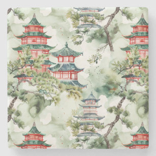 Watercolor Asian Pagoda in Verdant Landscape (4) Stone Coaster