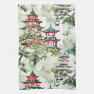Watercolor Asian Pagoda in Verdant Landscape (4) Tea Towel