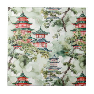 Watercolor Asian Pagoda in Verdant Landscape (4) Tile