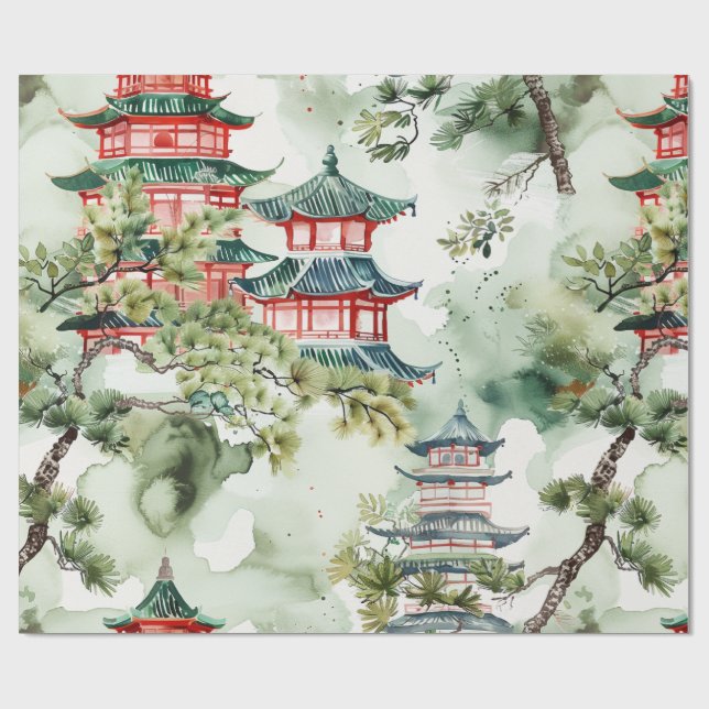 Watercolor Asian Pagoda in Verdant Landscape (4) Wrapping Paper (Flat)