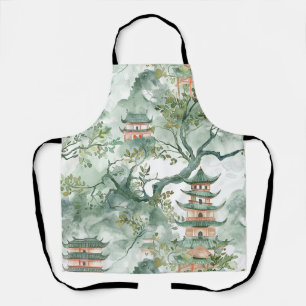 Watercolor Asian Pagoda in Verdant Landscape (5) Apron