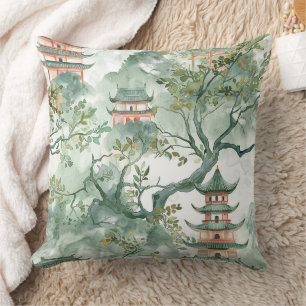 Watercolor Asian Pagoda in Verdant Landscape (5) Cushion