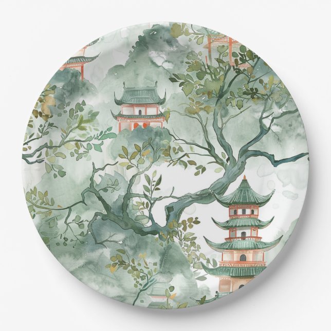 Watercolor Asian Pagoda in Verdant Landscape (5) Paper Plate (Front)