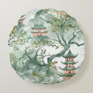 Watercolor Asian Pagoda in Verdant Landscape (5) Round Cushion