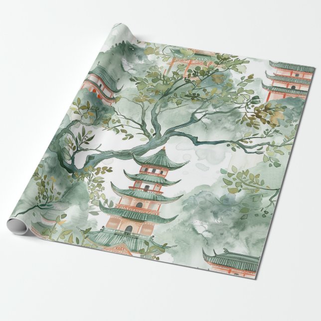 Watercolor Asian Pagoda in Verdant Landscape (5) Wrapping Paper (Unrolled)
