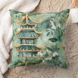 Watercolor Asian Pagoda in Verdant Landscape (6) Cushion