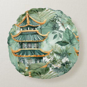 Watercolor Asian Pagoda in Verdant Landscape (6) Round Cushion