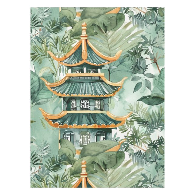 Watercolor Asian Pagoda in Verdant Landscape (6) Tablecloth (Front)