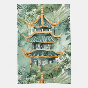 Watercolor Asian Pagoda in Verdant Landscape (6) Tea Towel