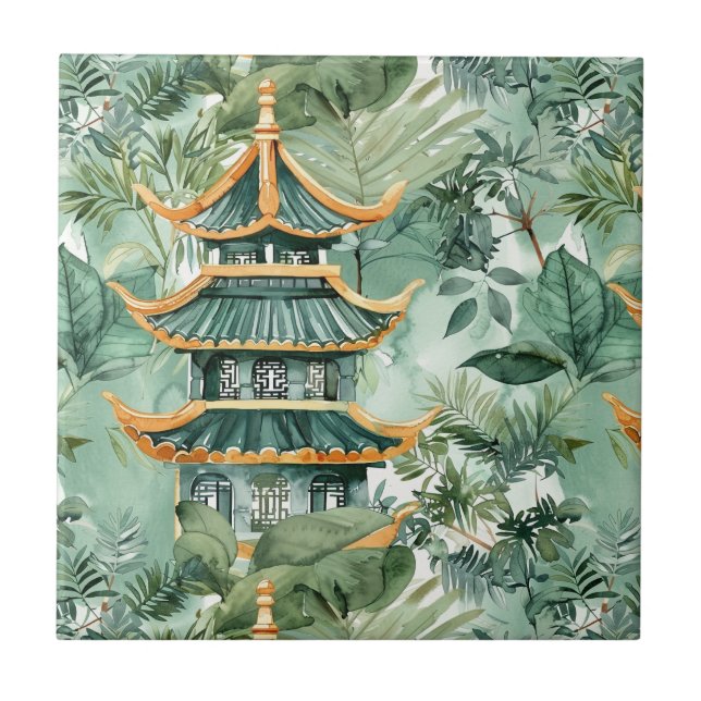 Watercolor Asian Pagoda in Verdant Landscape (6) Tile (Front)