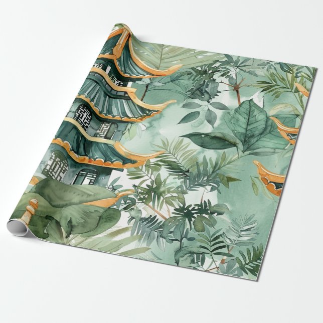 Watercolor Asian Pagoda in Verdant Landscape (6) Wrapping Paper (Unrolled)