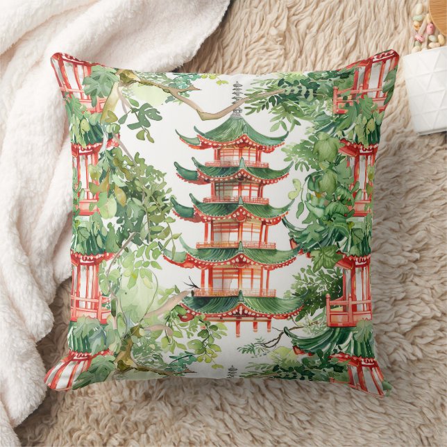 Watercolor Asian Pagoda in Verdant Landscape (9) Cushion (Blanket)