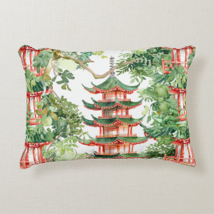 Watercolor Asian Pagoda in Verdant Landscape (9) Decorative Cushion