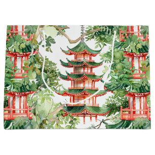 Watercolor Asian Pagoda in Verdant Landscape (9) Large Gift Bag