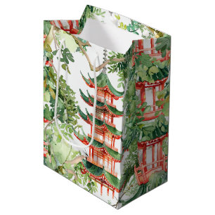 Watercolor Asian Pagoda in Verdant Landscape (9) Medium Gift Bag