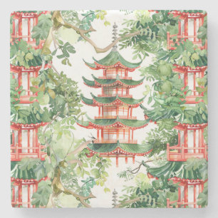 Watercolor Asian Pagoda in Verdant Landscape (9) Stone Coaster