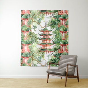 Watercolor Asian Pagoda in Verdant Landscape (9) Tapestry