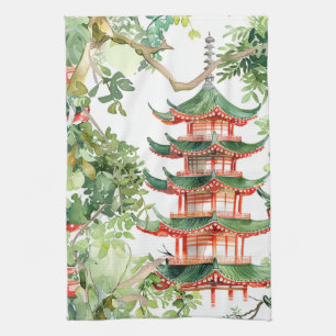 Watercolor Asian Pagoda in Verdant Landscape (9) Tea Towel
