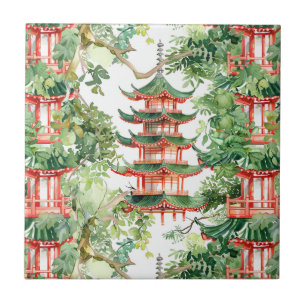 Watercolor Asian Pagoda in Verdant Landscape (9) Tile