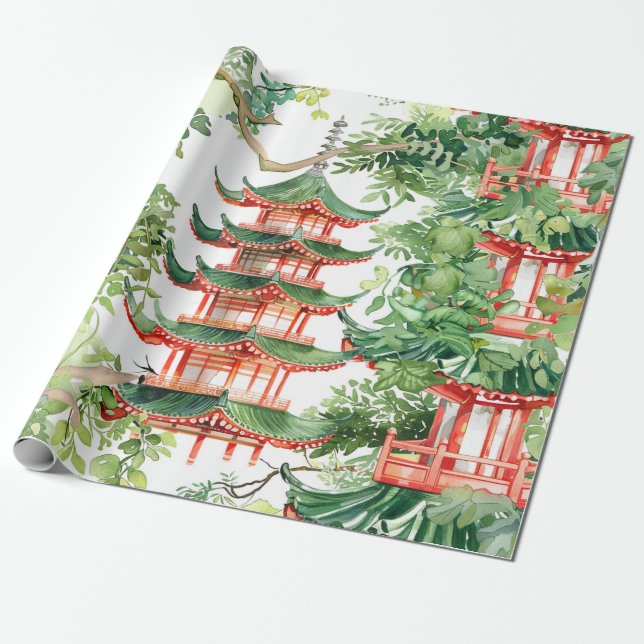 Watercolor Asian Pagoda in Verdant Landscape (9) Wrapping Paper (Unrolled)