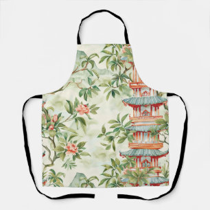 Watercolor Asian Pagoda in Verdant Landscape Apron