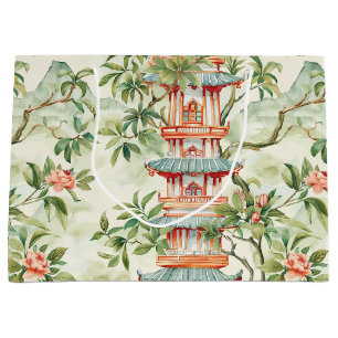 Watercolor Asian Pagoda in Verdant Landscape Large Gift Bag