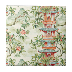 Watercolor Asian Pagoda in Verdant Landscape Tile