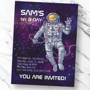 Watercolor Astronaut in Space with Stars & Galaxy. Invitation Postcard