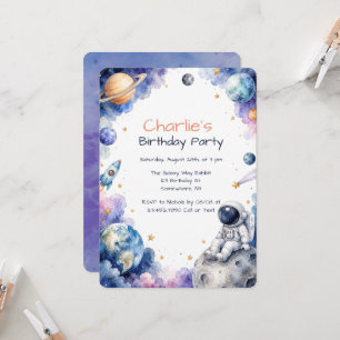 Watercolor Astronaut Space Birthday Party Invitation