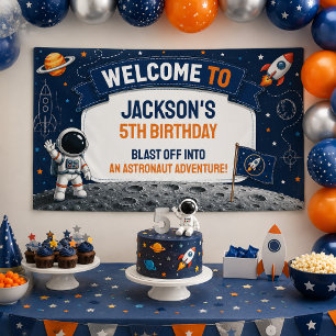 Watercolor Astronaut Space Kids Birthday Party Banner