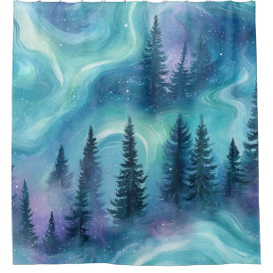 Watercolor Aurora Borealis Forest (1) Shower Curtain