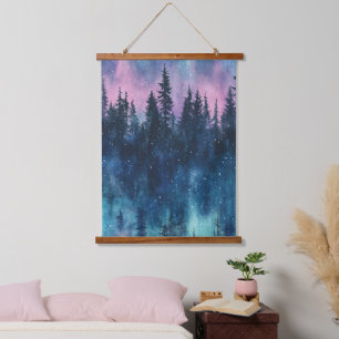 Watercolor Aurora Borealis Forest (3) Hanging Tapestry