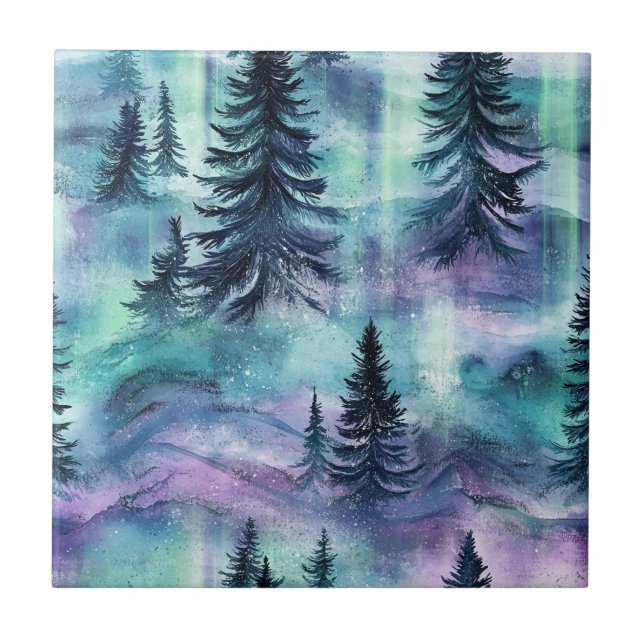 Watercolor Aurora Borealis Forest (4) Tile (Front)