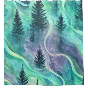 Watercolor Aurora Borealis Forest (5) Shower Curtain