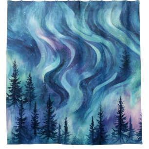 Watercolor Aurora Borealis Forest (6) Shower Curtain