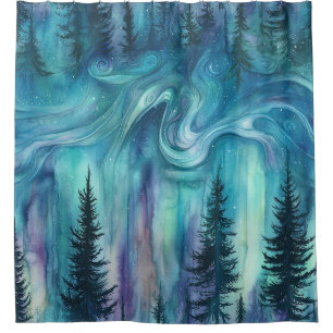 Watercolor Aurora Borealis Forest (8) Shower Curtain