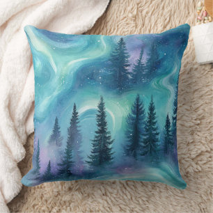 Watercolor Aurora Borealis Forest Cushion
