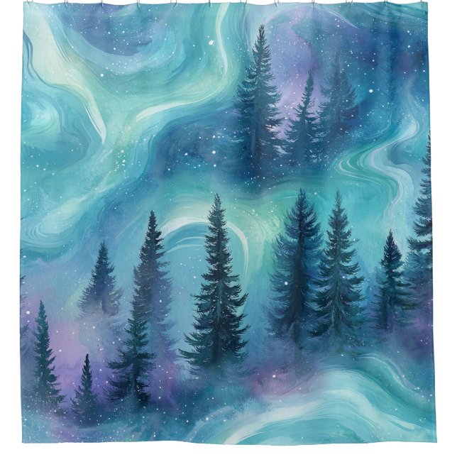 Watercolor Aurora Borealis Forest Shower Curtain (Front)