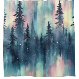 Watercolor Aurora Borealis Forest Shower Curtain