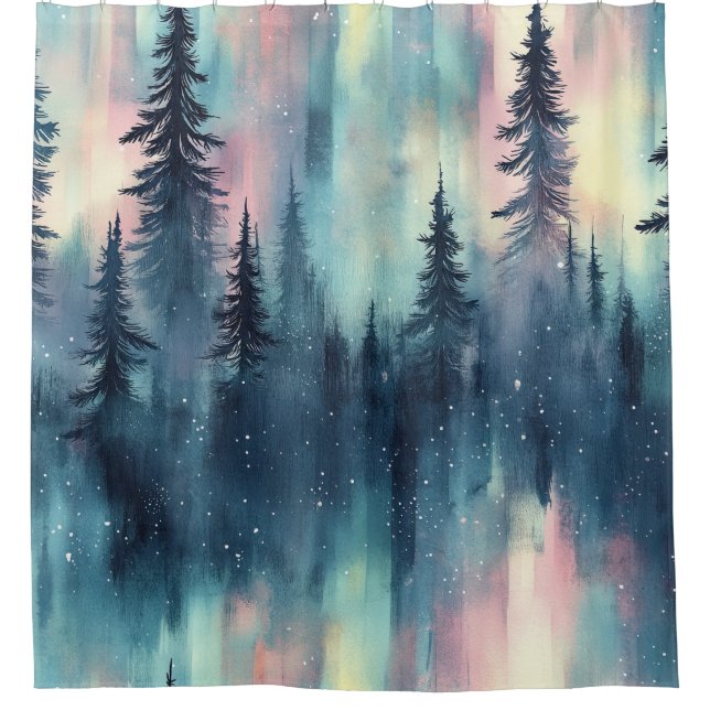 Watercolor Aurora Borealis Forest Shower Curtain (Front)
